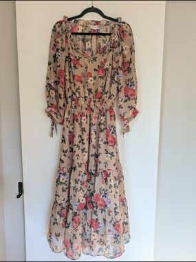 Dress Forum Beige Floral Dress with Pink, Yellow, and Blue Blooms